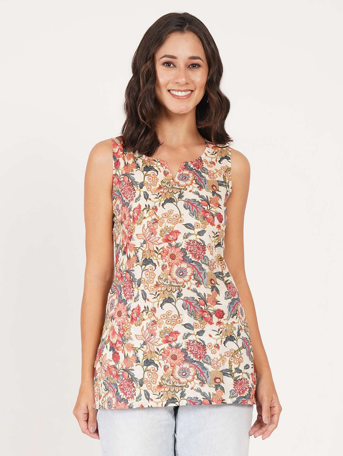 women printed notch neck straight kurti