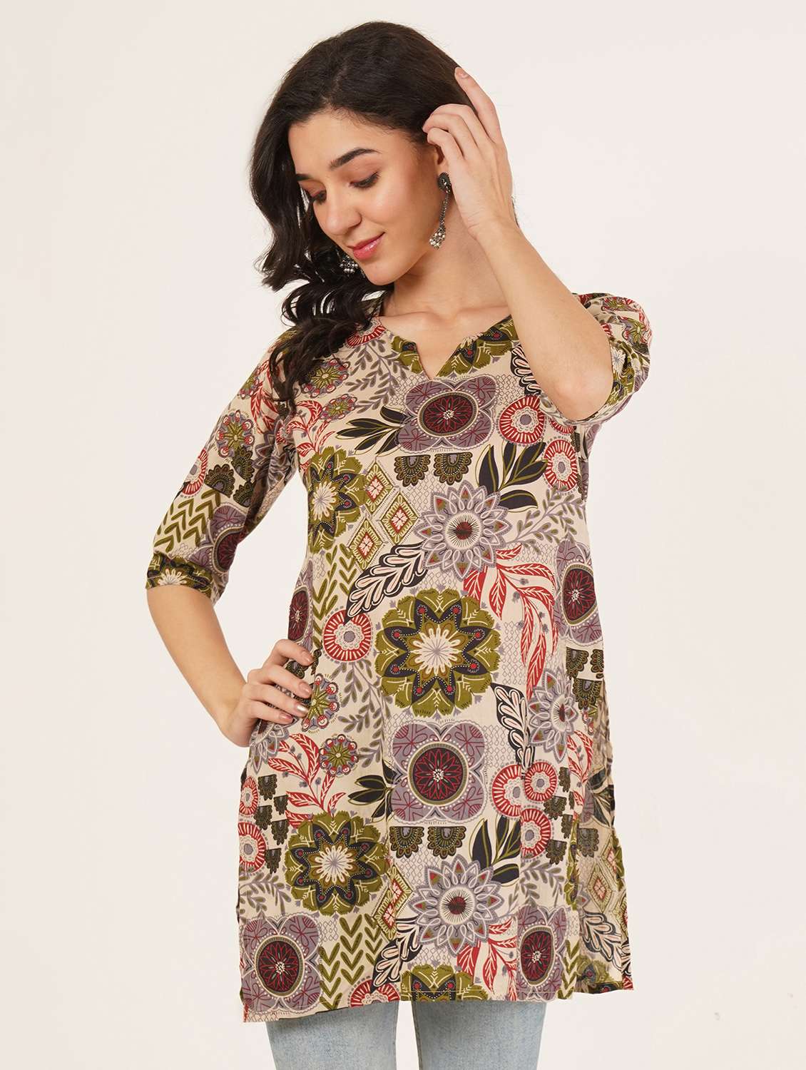 women floral printed three quarter sleeve straight kurti - 22386996 -  Standard Image - 3