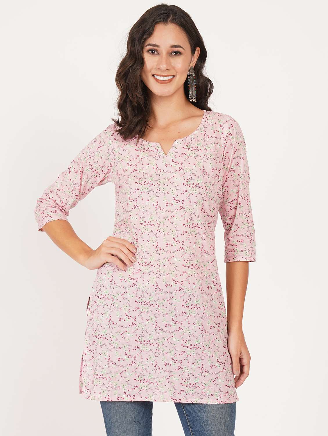 women printed three quarter sleeve straight kurti