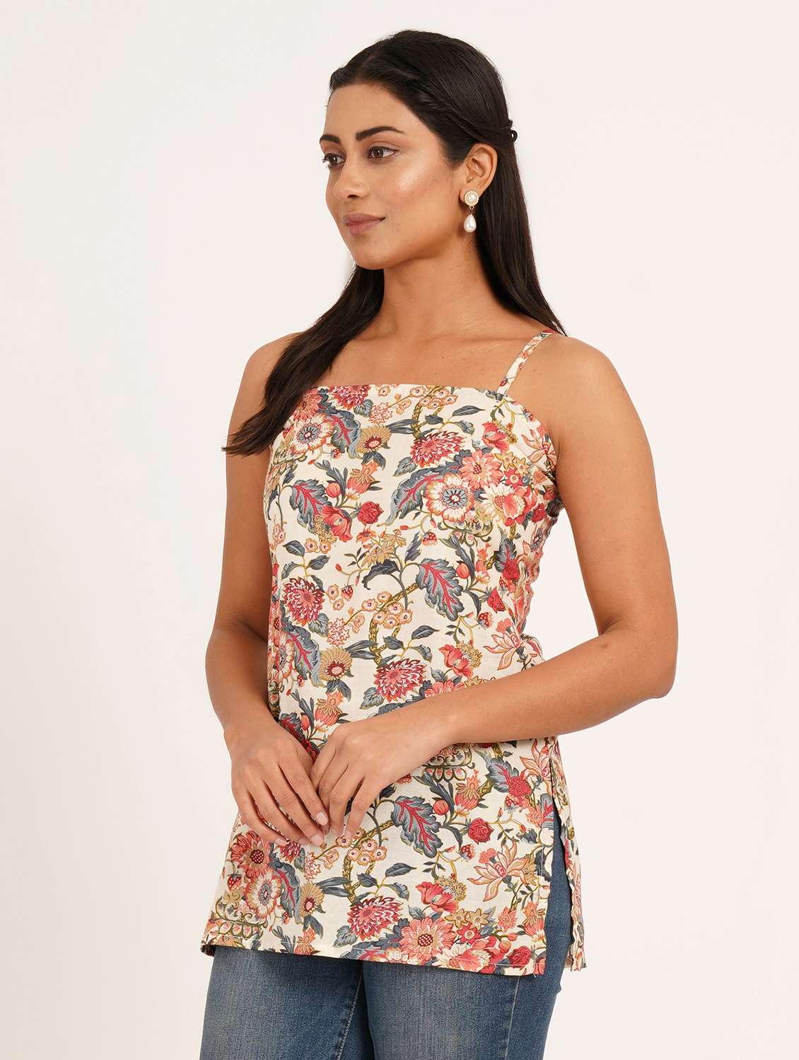 women floral shoulder strap straight kurti - 22387017 -  Standard Image - 3