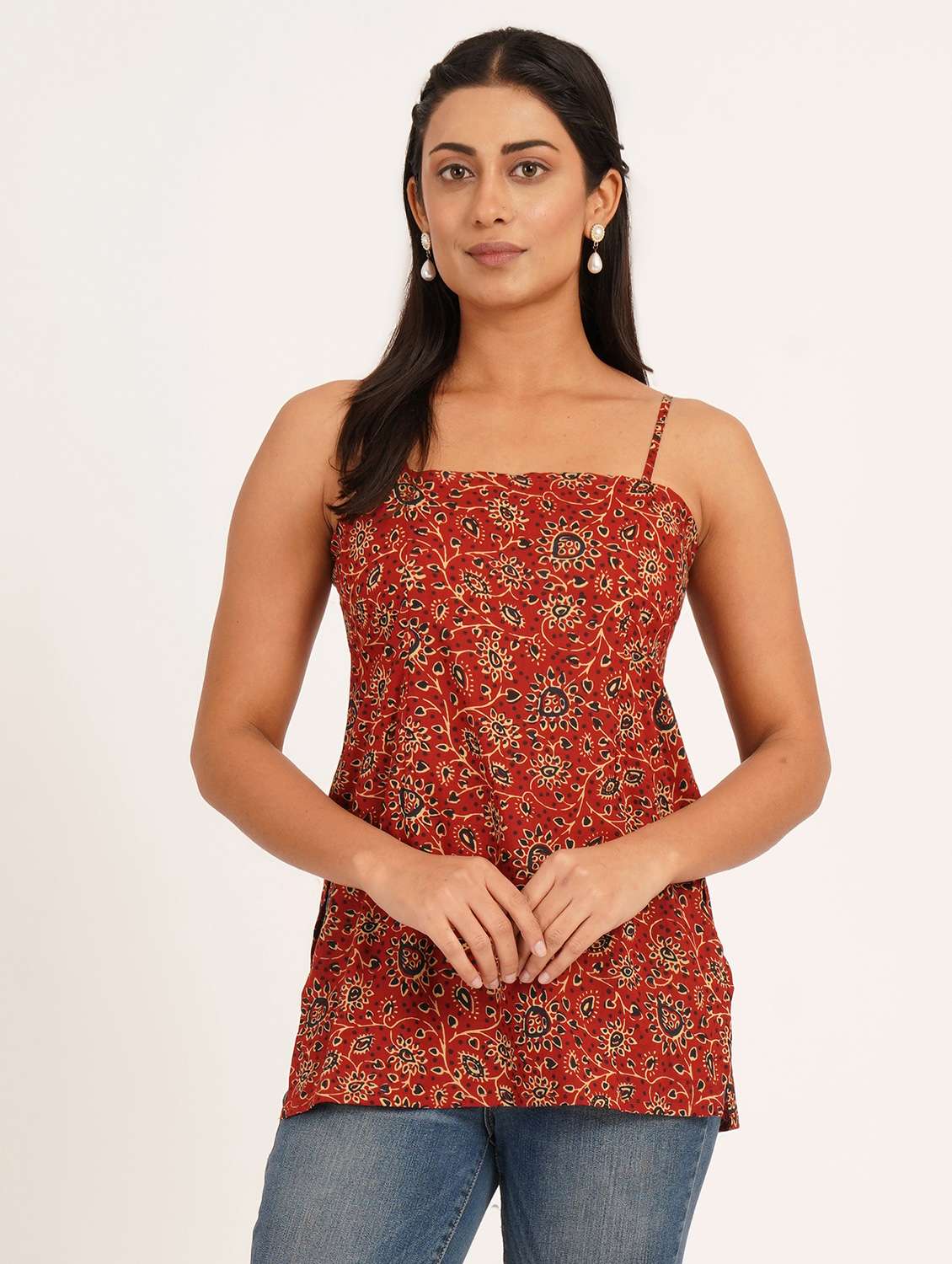 women printed shoulder strap straight kurti