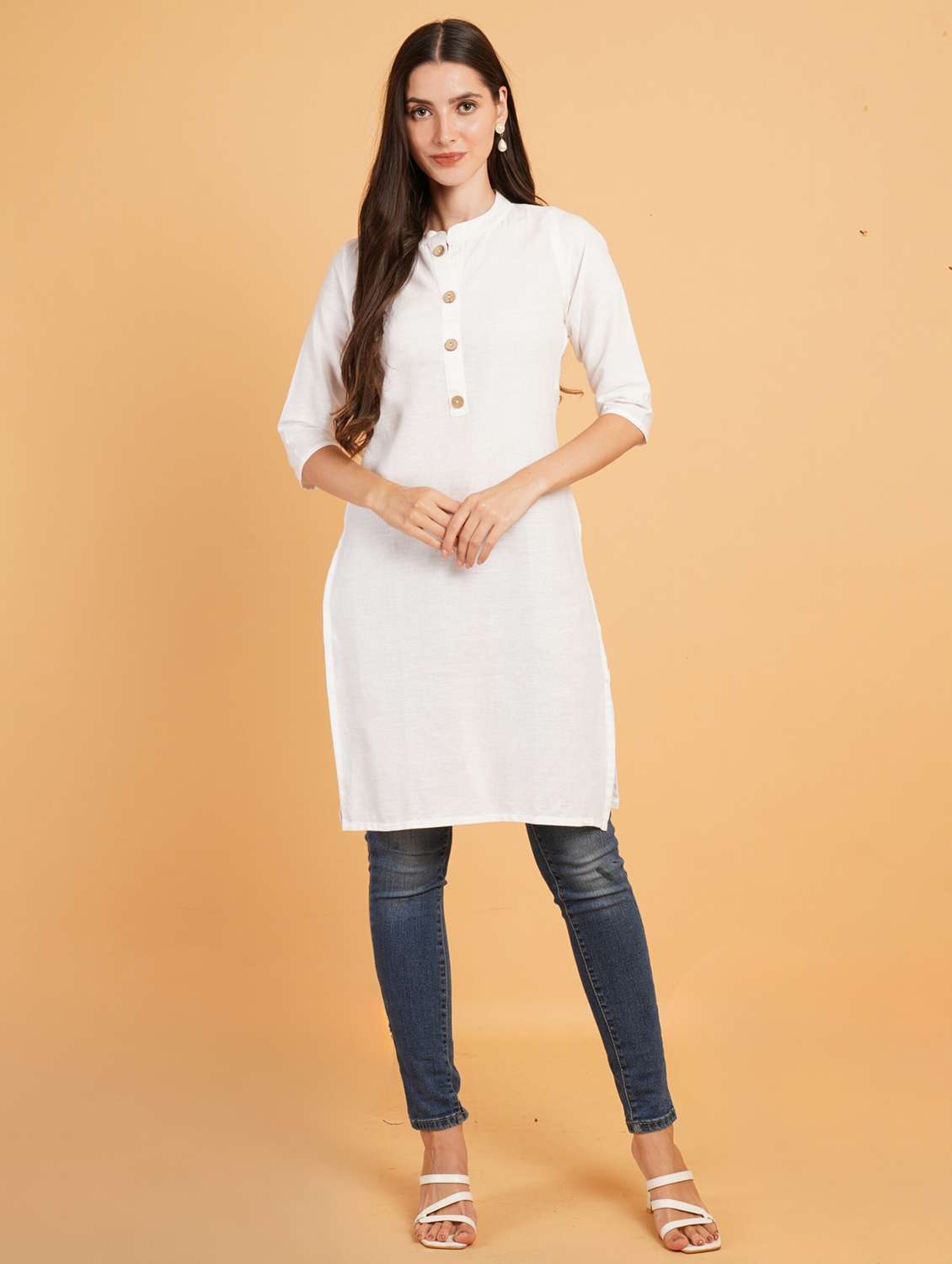 women solid three quarter sleeve straight kurta