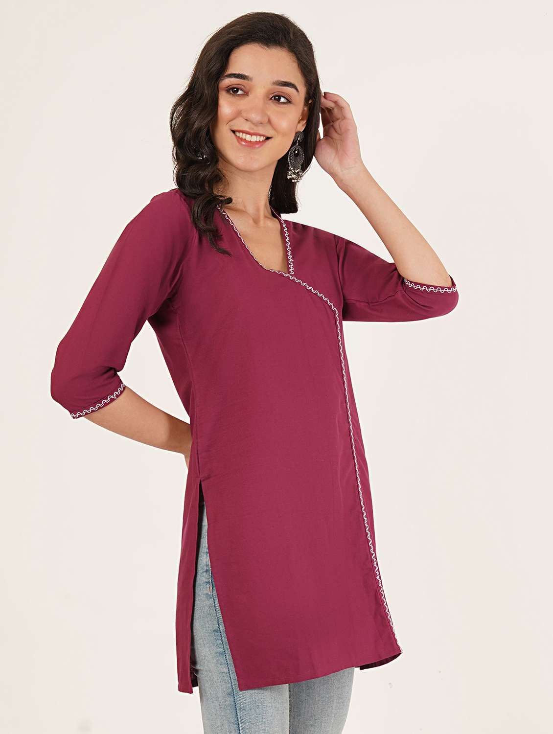 women solid three quarter sleeve angrakha kurti