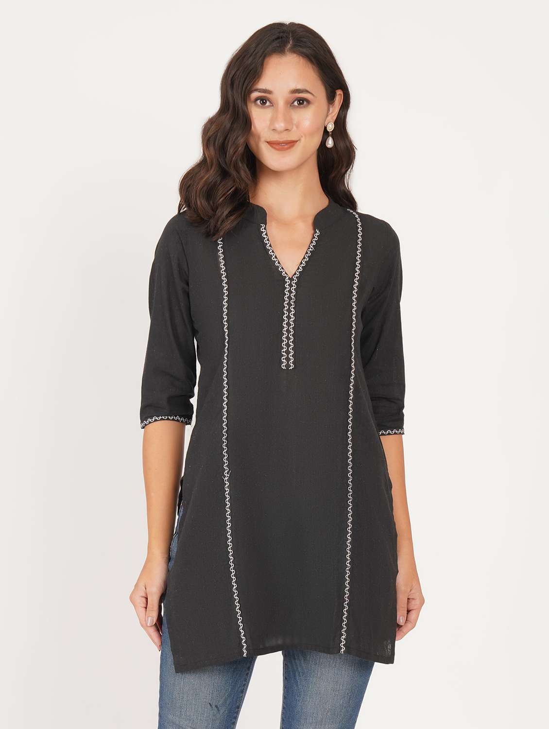 women solid with work three quarter sleeve straight kurti