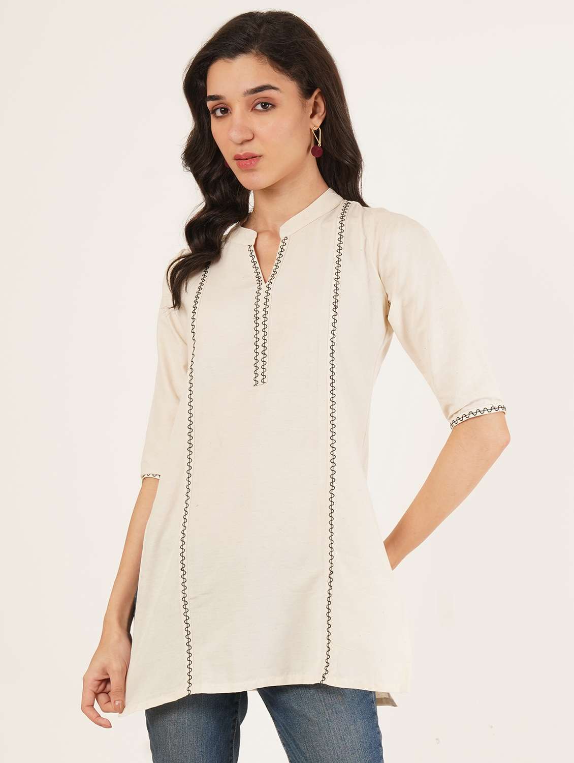 women solid with work three quarter sleeve straight kurti