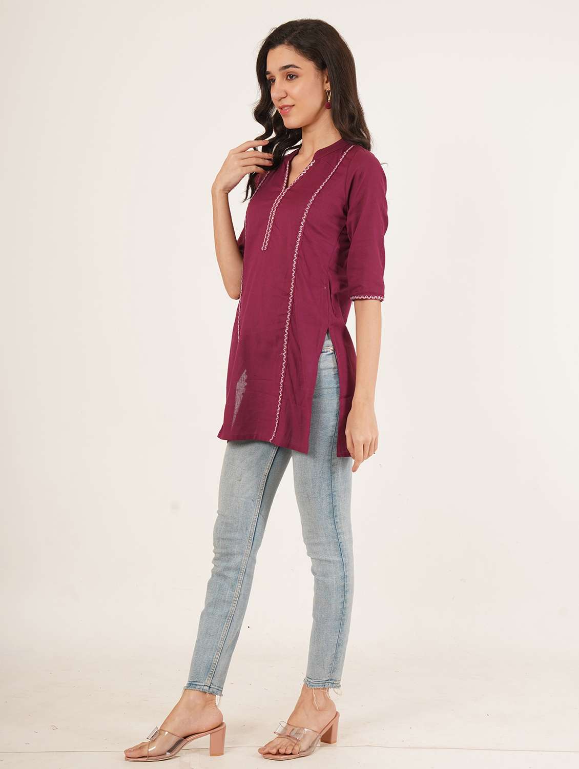 women solid with work three quarter sleeve straight kurti - 22387043 -  Standard Image - 3