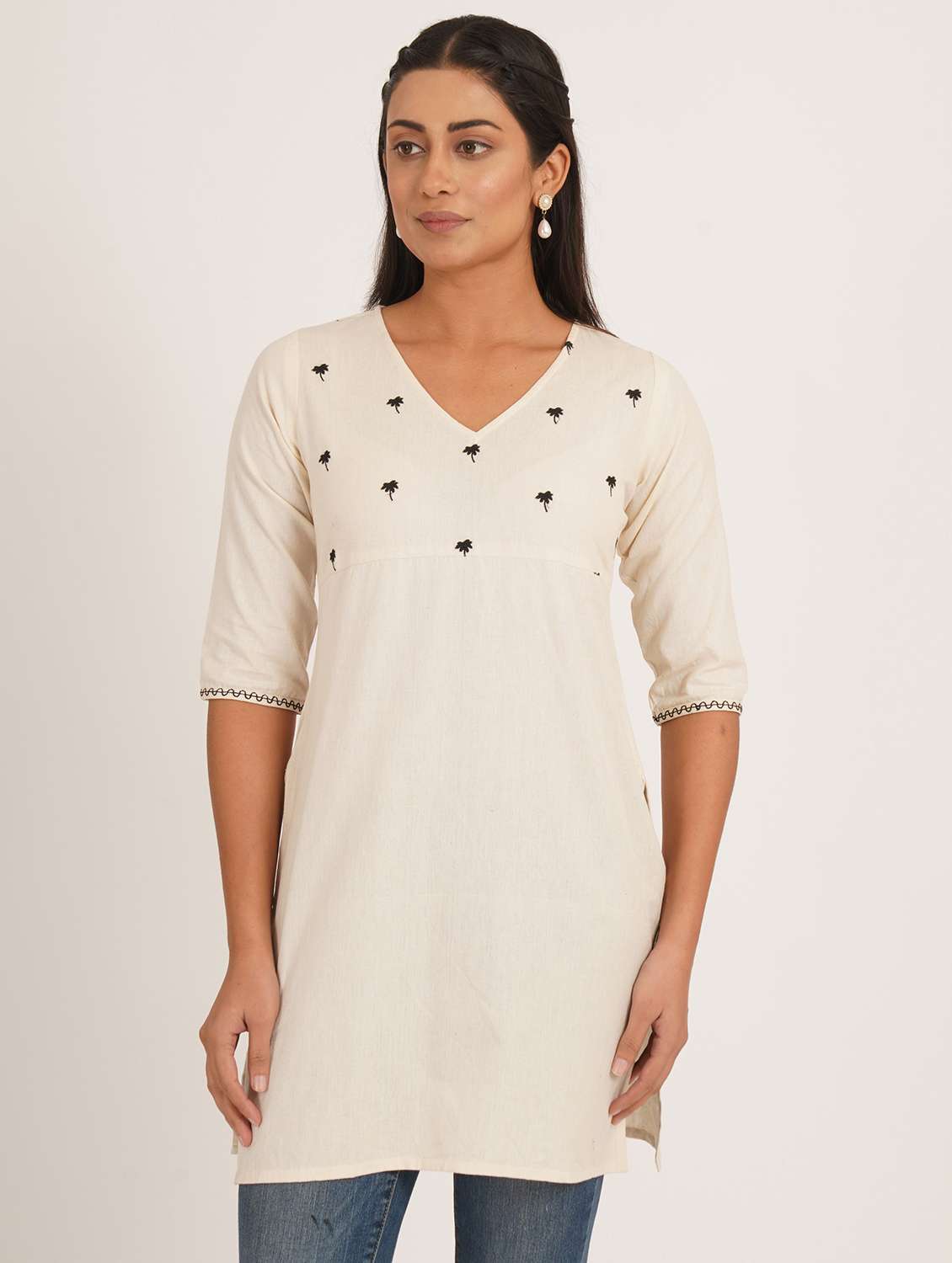 women solid with work three quarter sleeve straight kurti