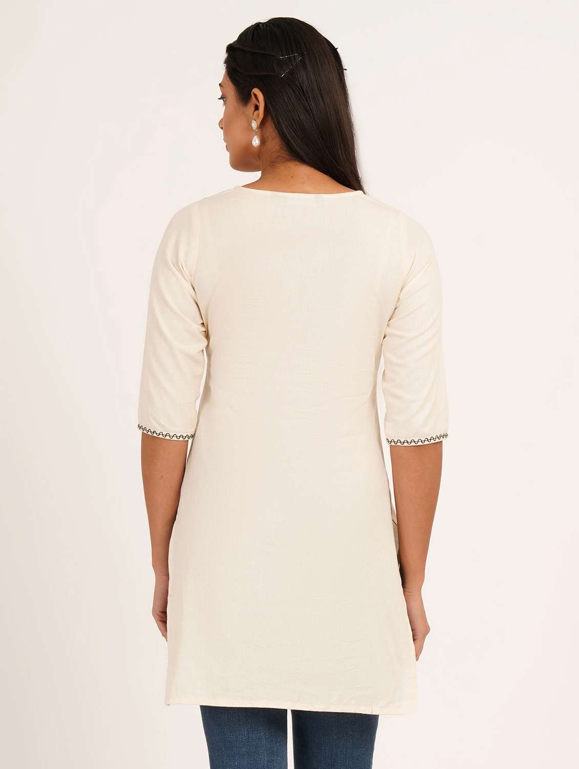 women solid with work three quarter sleeve straight kurti - 22387049 -  Standard Image - 3