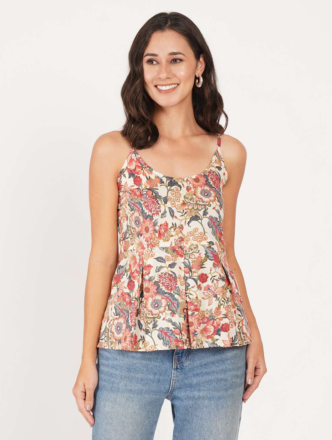 women floral printed shoulder strap ethnic top