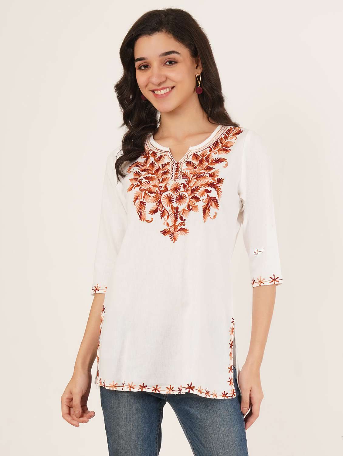 women solid with work notch neck straight kurti