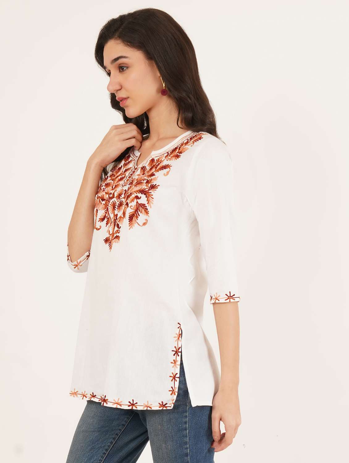 women solid with work notch neck straight kurti - 22387074 -  Standard Image - 3