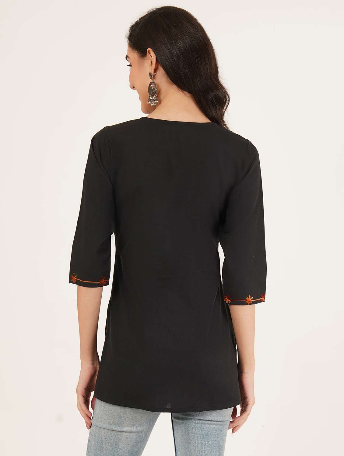 women solid with work notch neck straight kurti - 22387076 -  Standard Image - 3