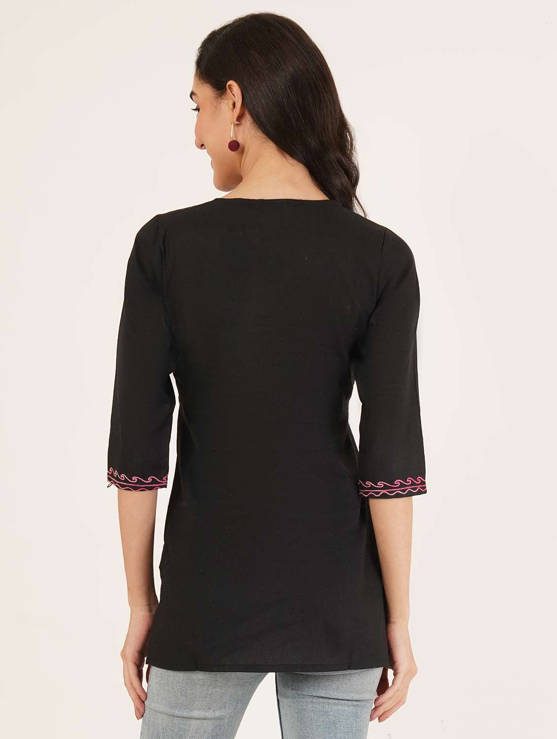 women solid with work notch neck straight kurti - 22387077 -  Standard Image - 3