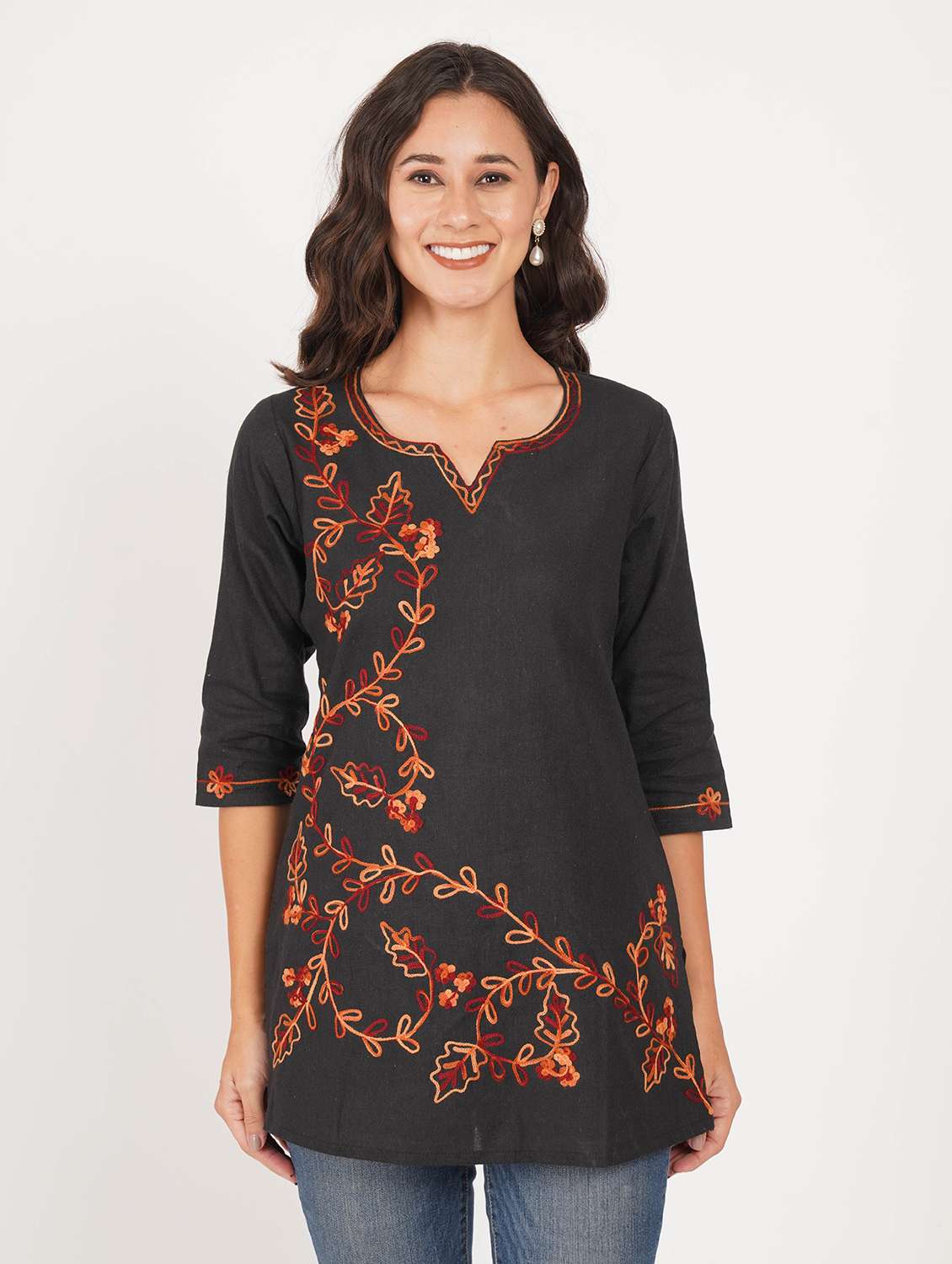 women solid with work notch neck straight kurti