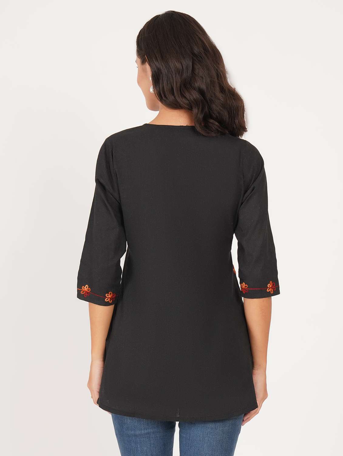 women solid with work notch neck straight kurti - 22387080 -  Standard Image - 3