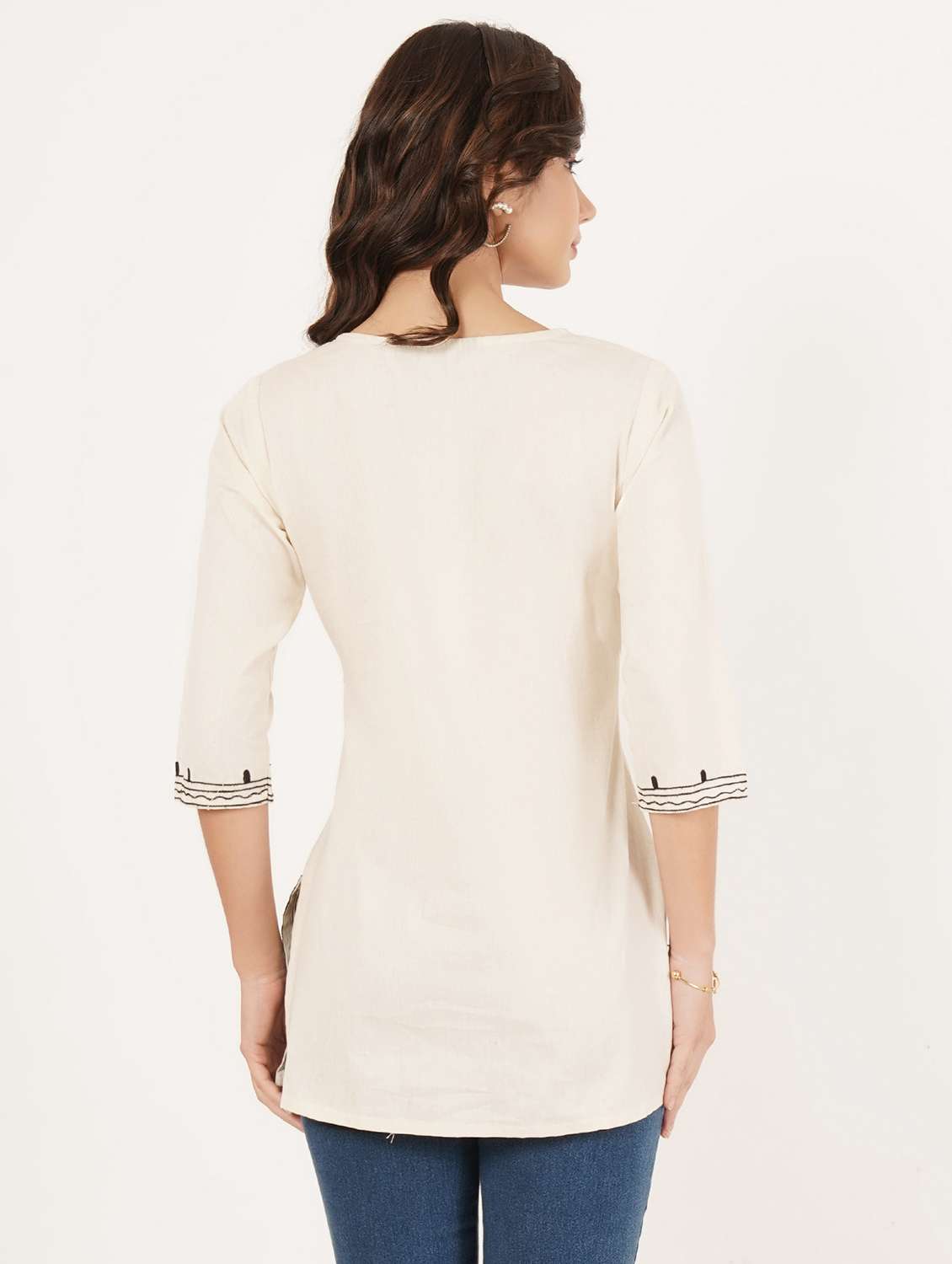 women solid with work v neck straight kurti - 22387085 -  Standard Image - 3