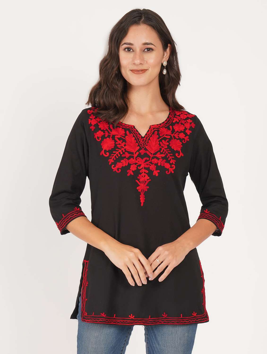 women solid with work notch neck straight kurti