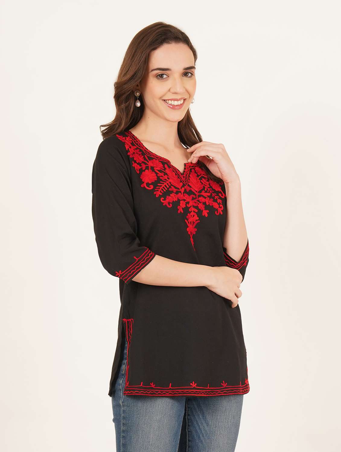 women solid with work notch neck straight kurti - 22387086 -  Standard Image - 3