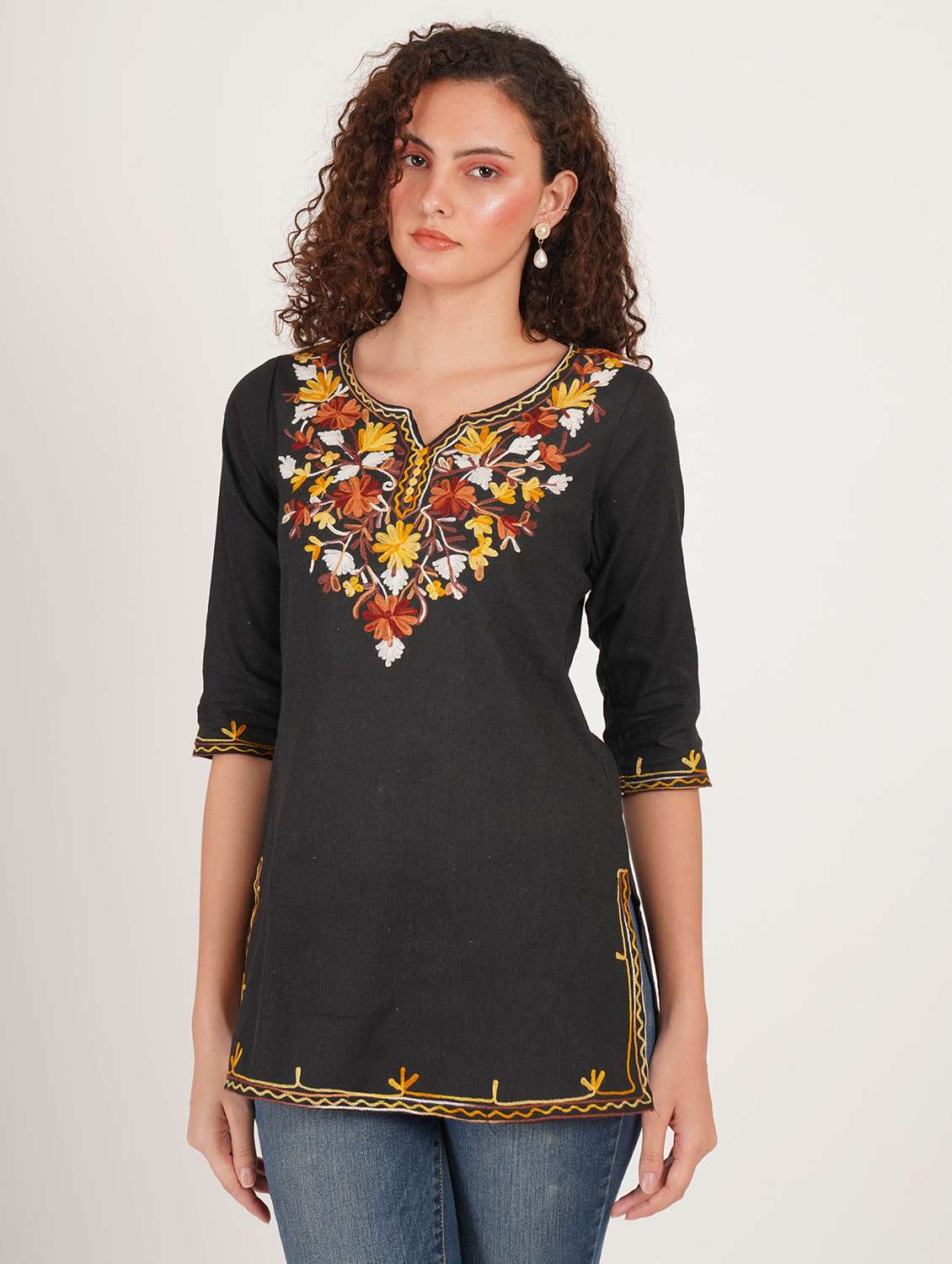women solid with work notch neck straight kurti - 22387092 -  Standard Image - 3