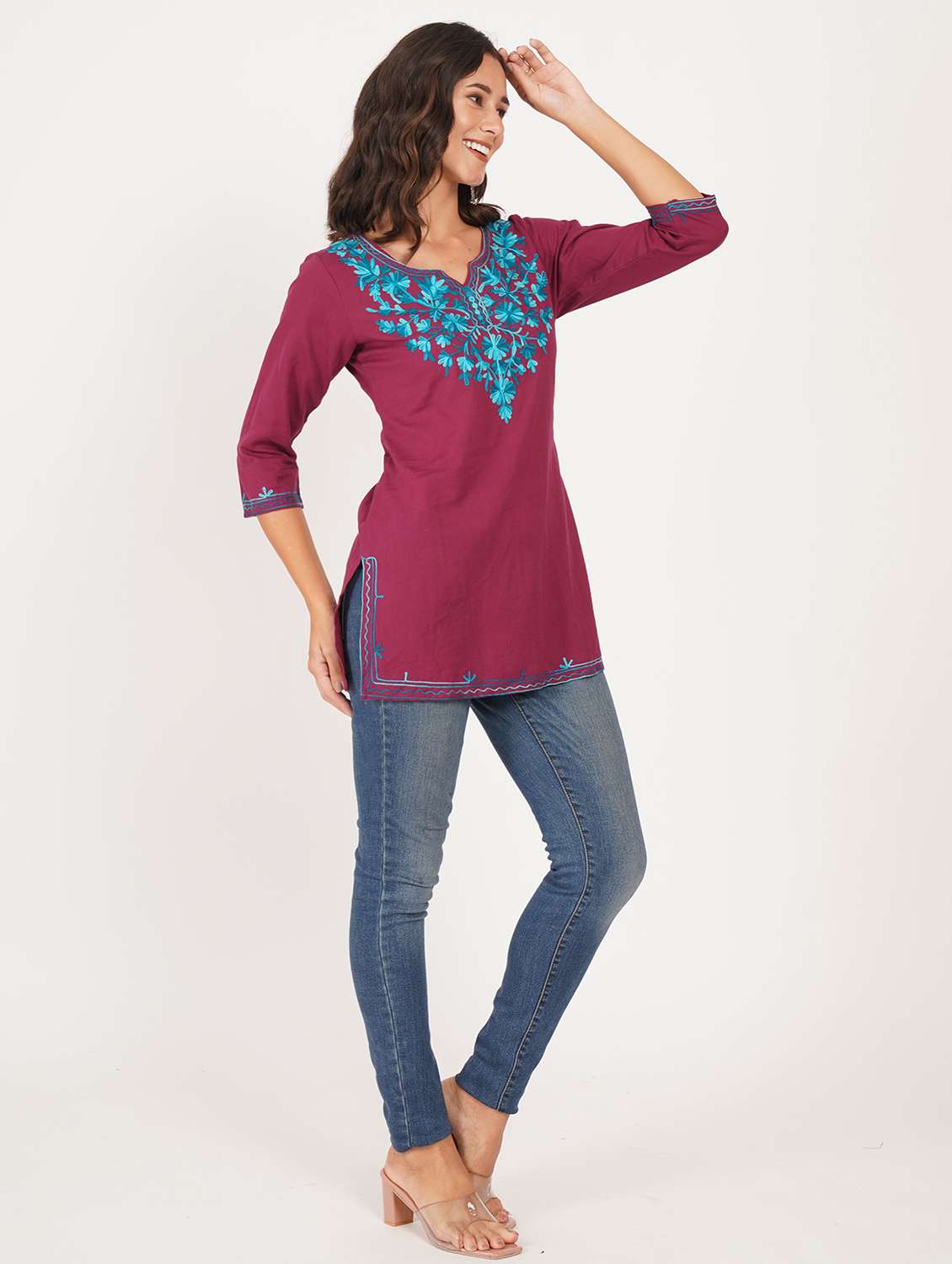women solid with work notch neck straight kurti - 22387098 -  Standard Image - 3