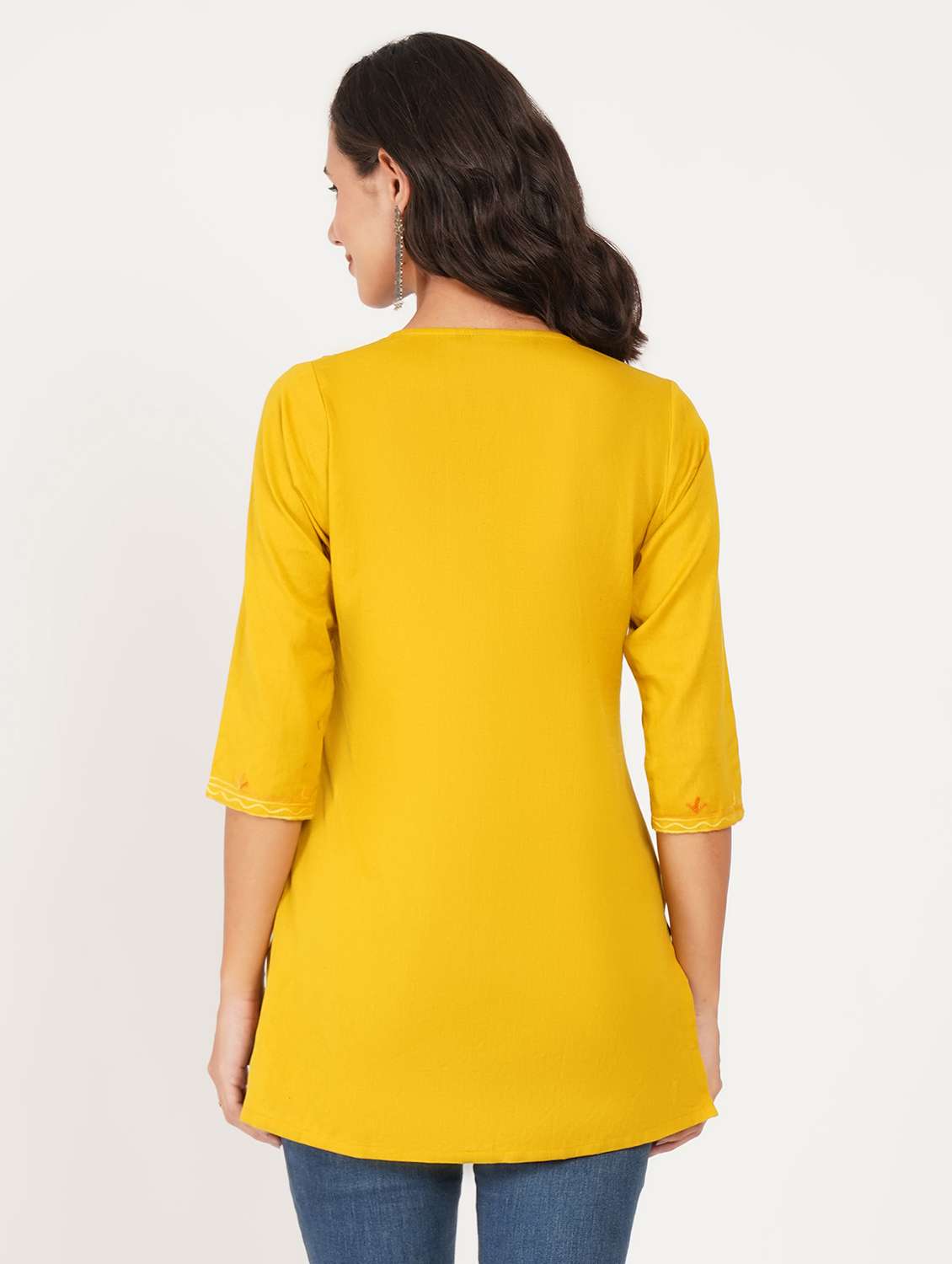 women solid with work notch neck straight kurti - 22387100 -  Standard Image - 3