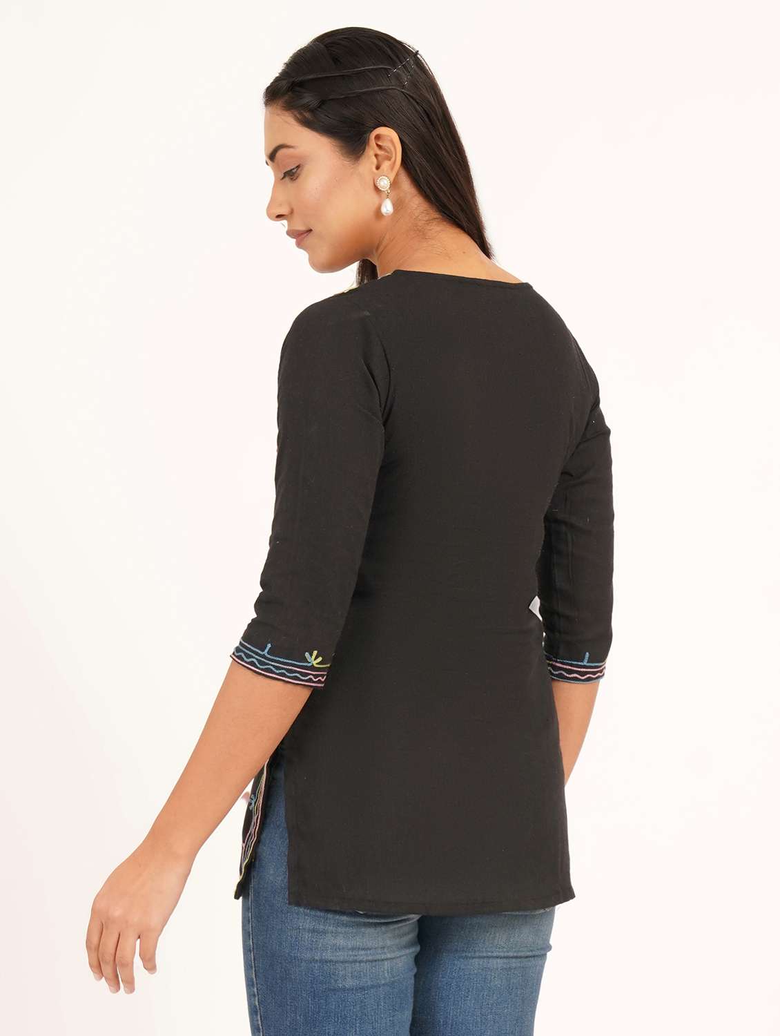 women solid with work notch neck straight kurti - 22387102 -  Standard Image - 3