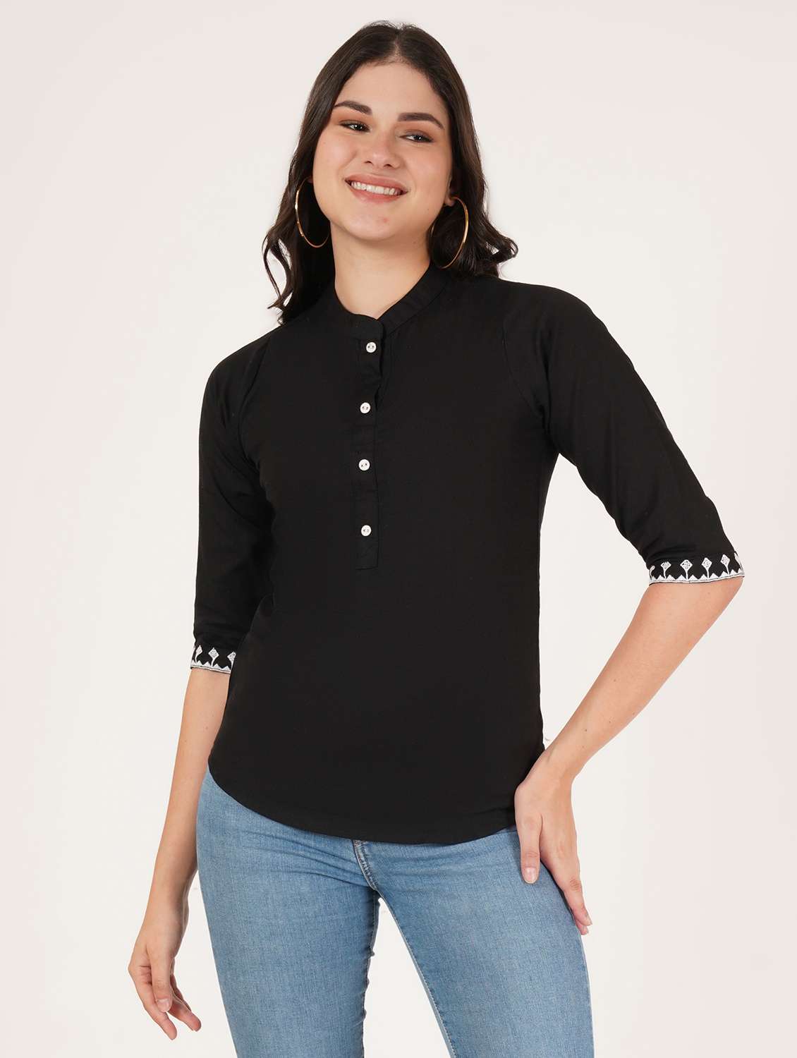 women solid three quarter sleeve ethnic top