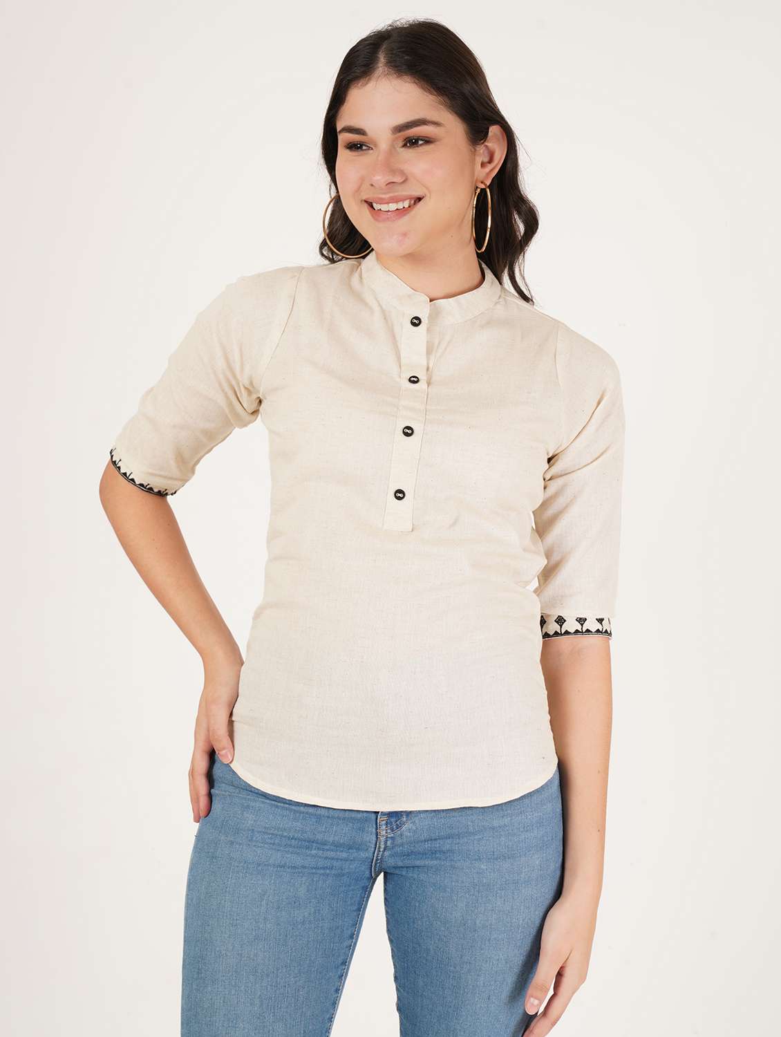 women solid three quarter sleeve ethnic top