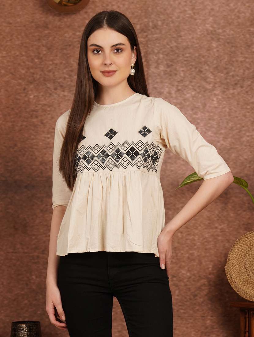 women solid with work elbow sleeve ethnic top