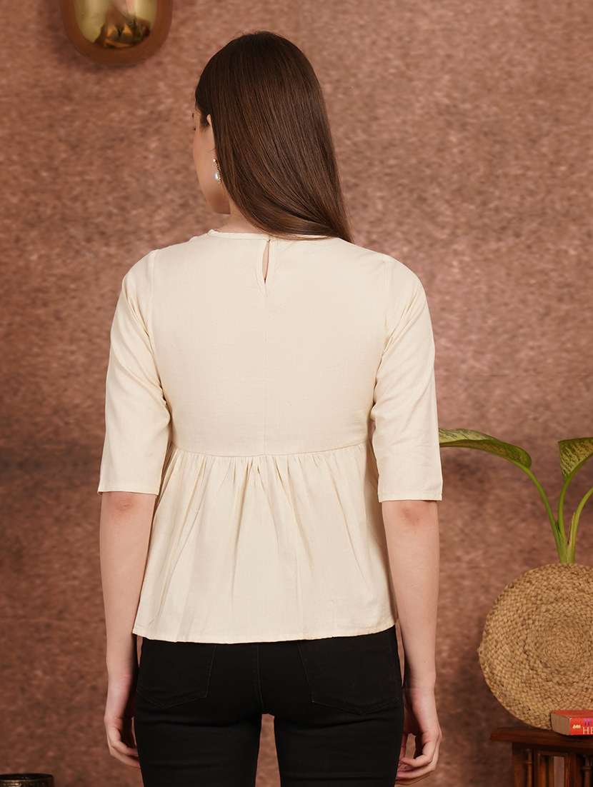 women solid with work elbow sleeve ethnic top - 22387107 -  Standard Image - 3