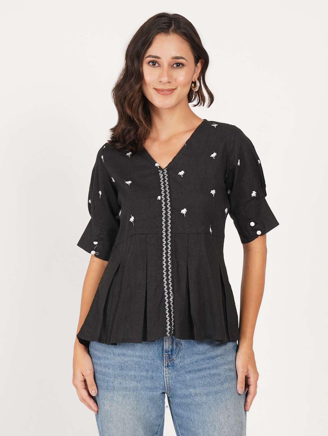 women solid with work puff sleeve ethnic top