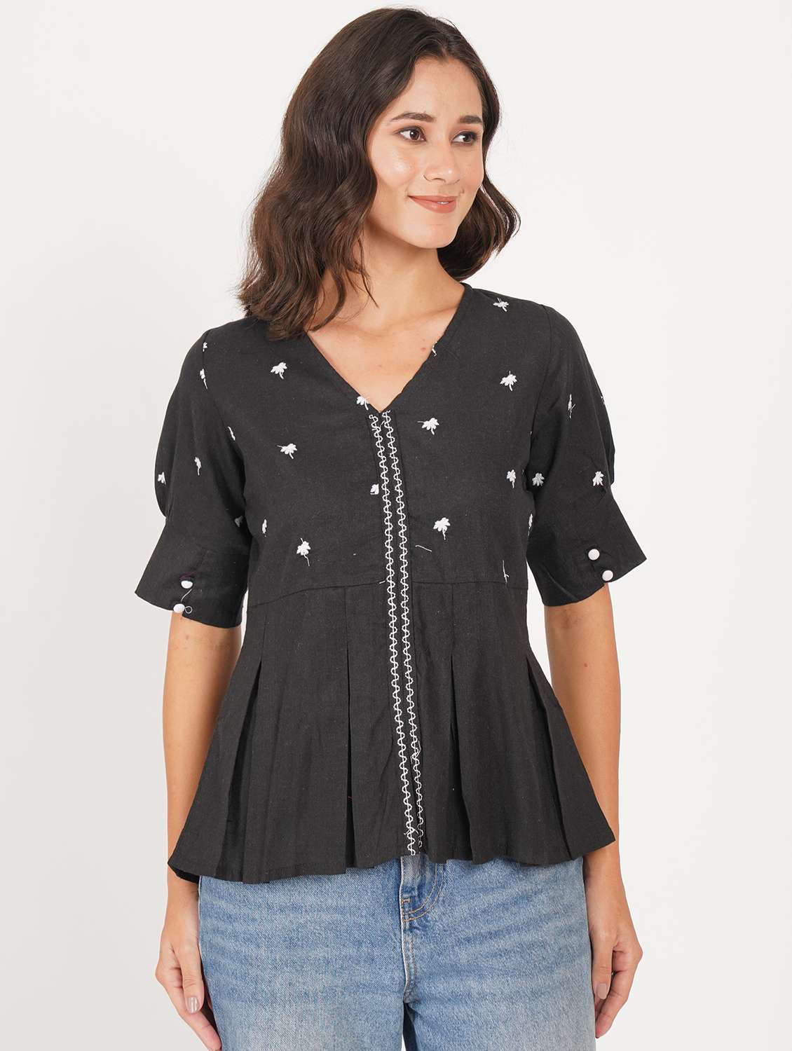 women solid with work puff sleeve ethnic top - 22387109 -  Standard Image - 3