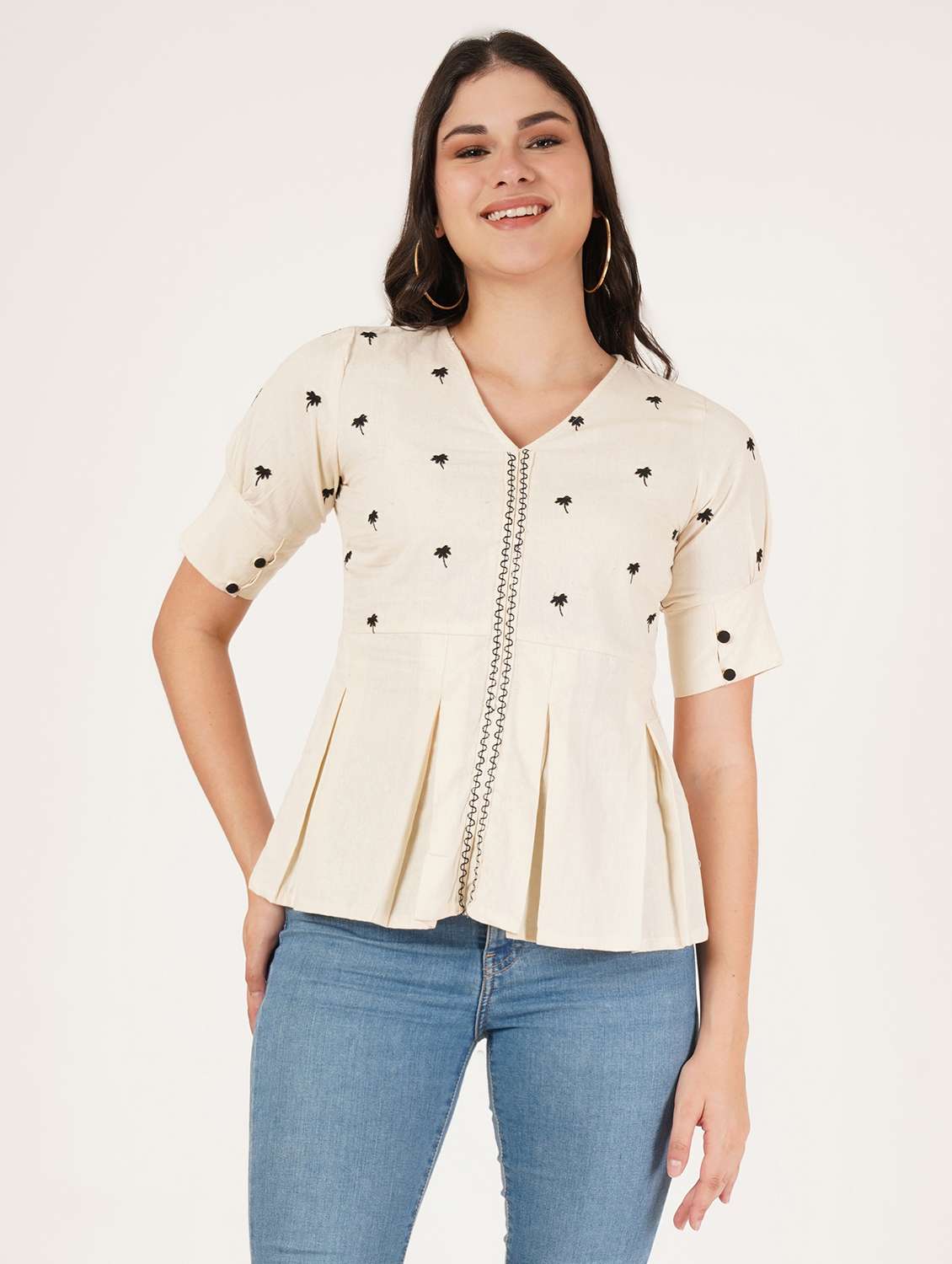 women solid with work puff sleeve ethnic top