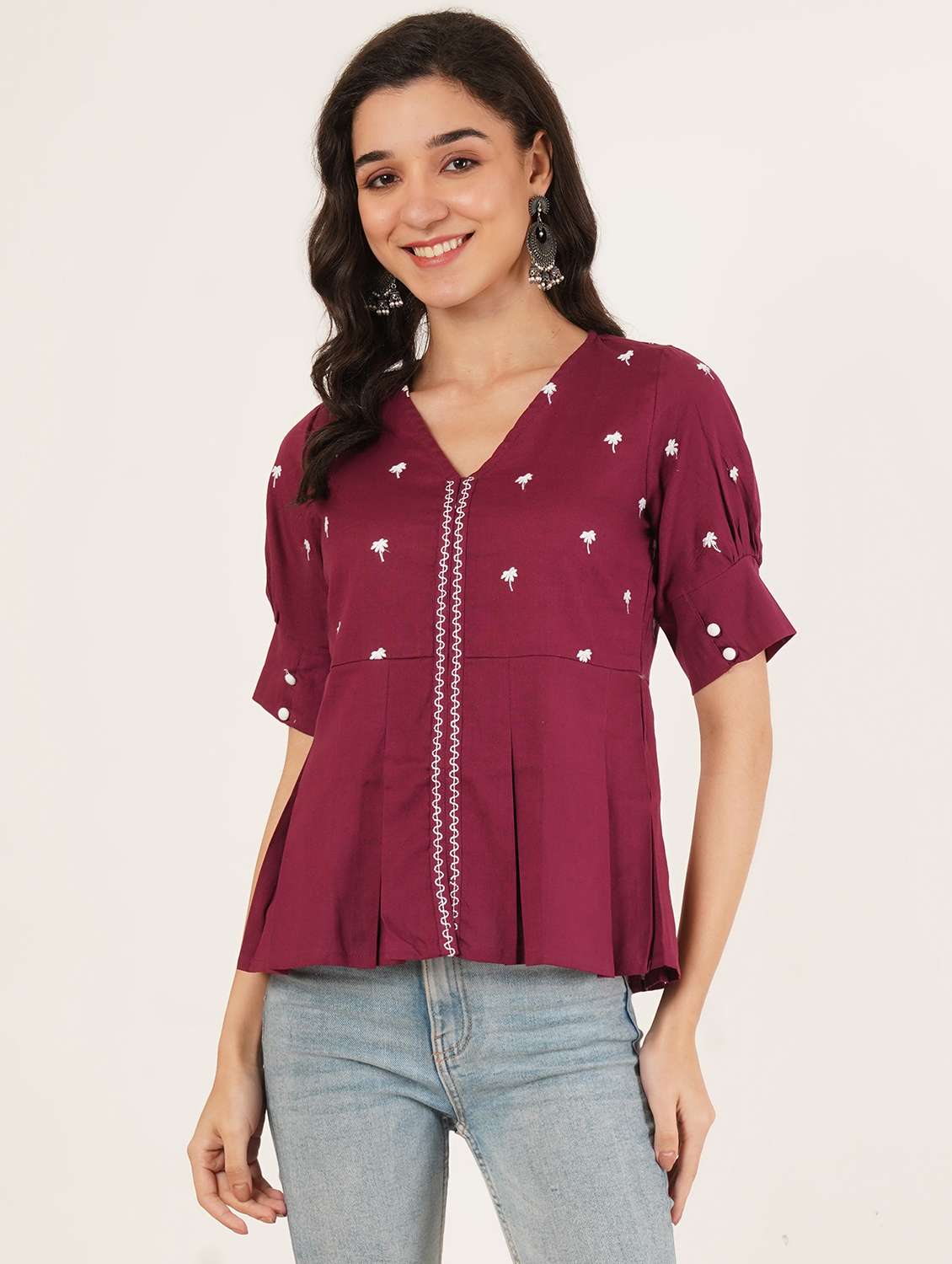 women solid with work puff sleeve ethnic top