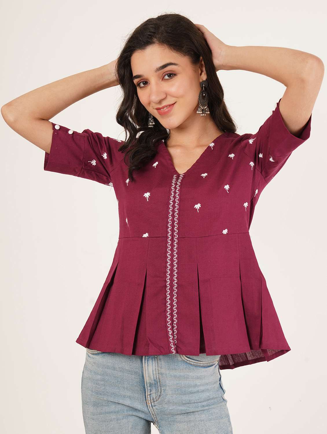 women solid with work puff sleeve ethnic top - 22387111 -  Standard Image - 3