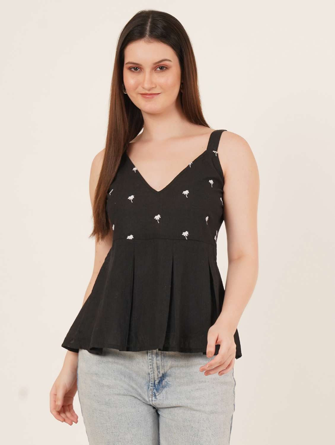 women solid with work shoulder strap ethnic top