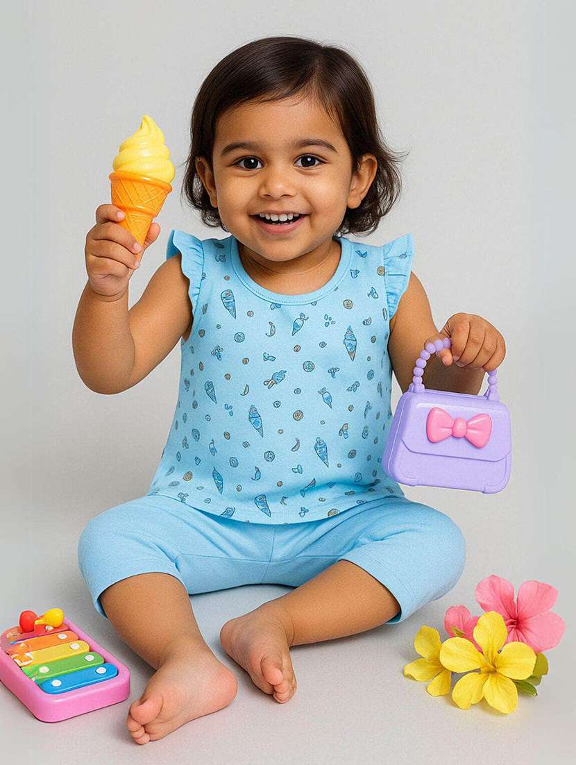 girls printed sleeveless shorts set