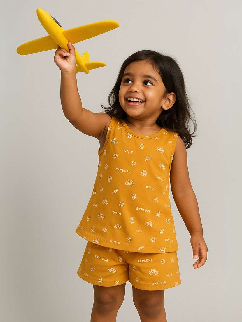 girls printed sleeveless shorts set