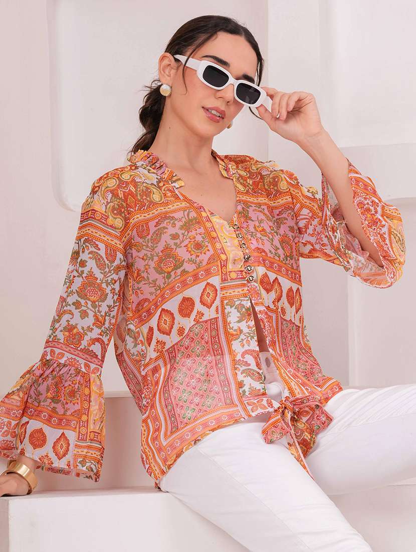 women printed bell sleeve straight top