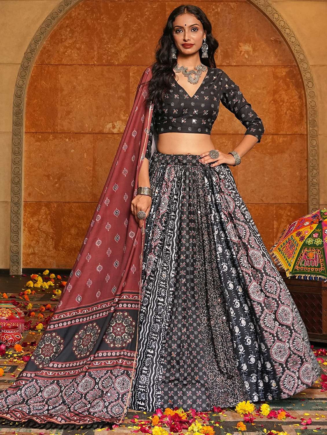 women printed flared semi-stitched lehenga