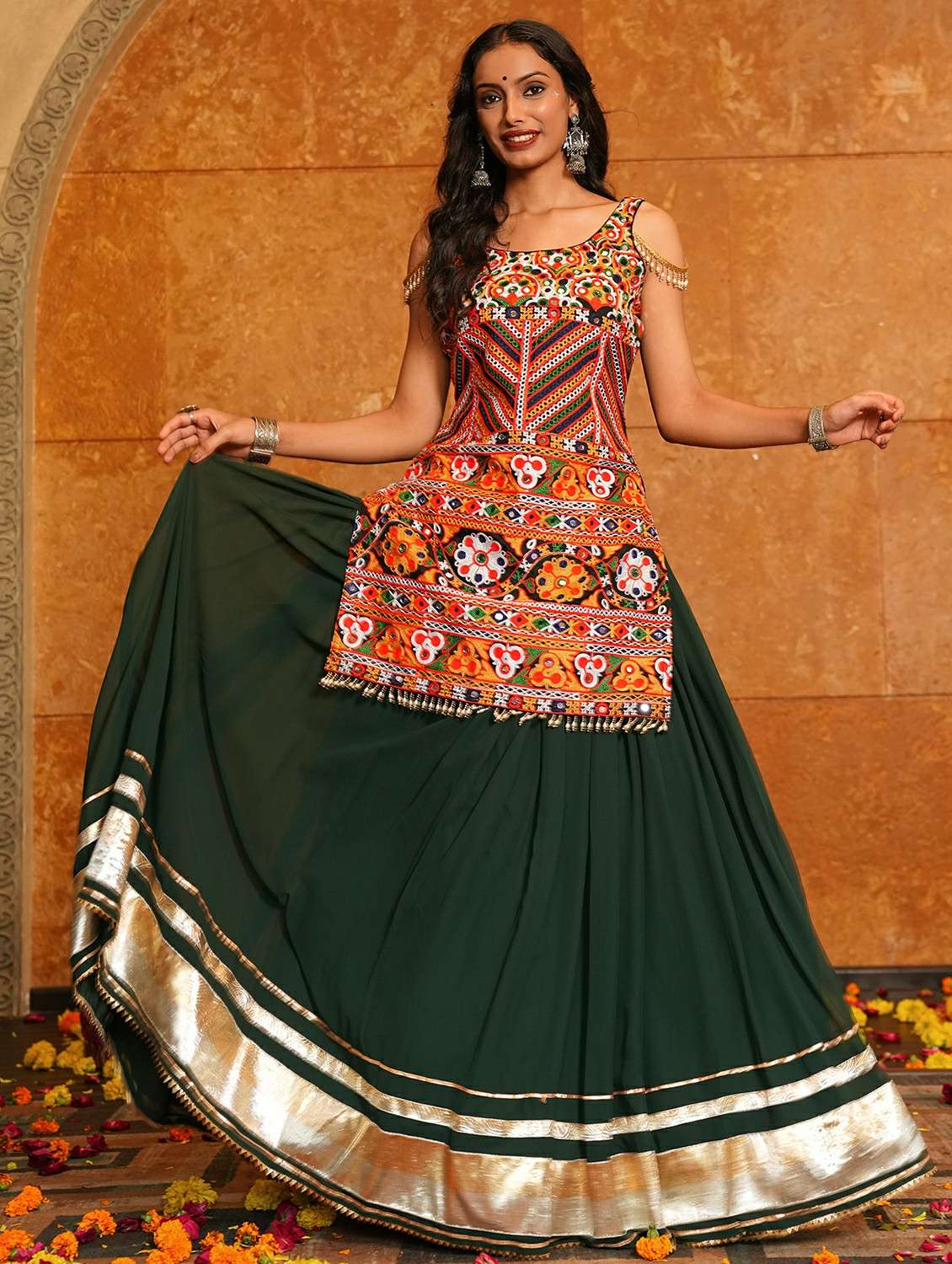 women solid flared semi-stitched lehenga