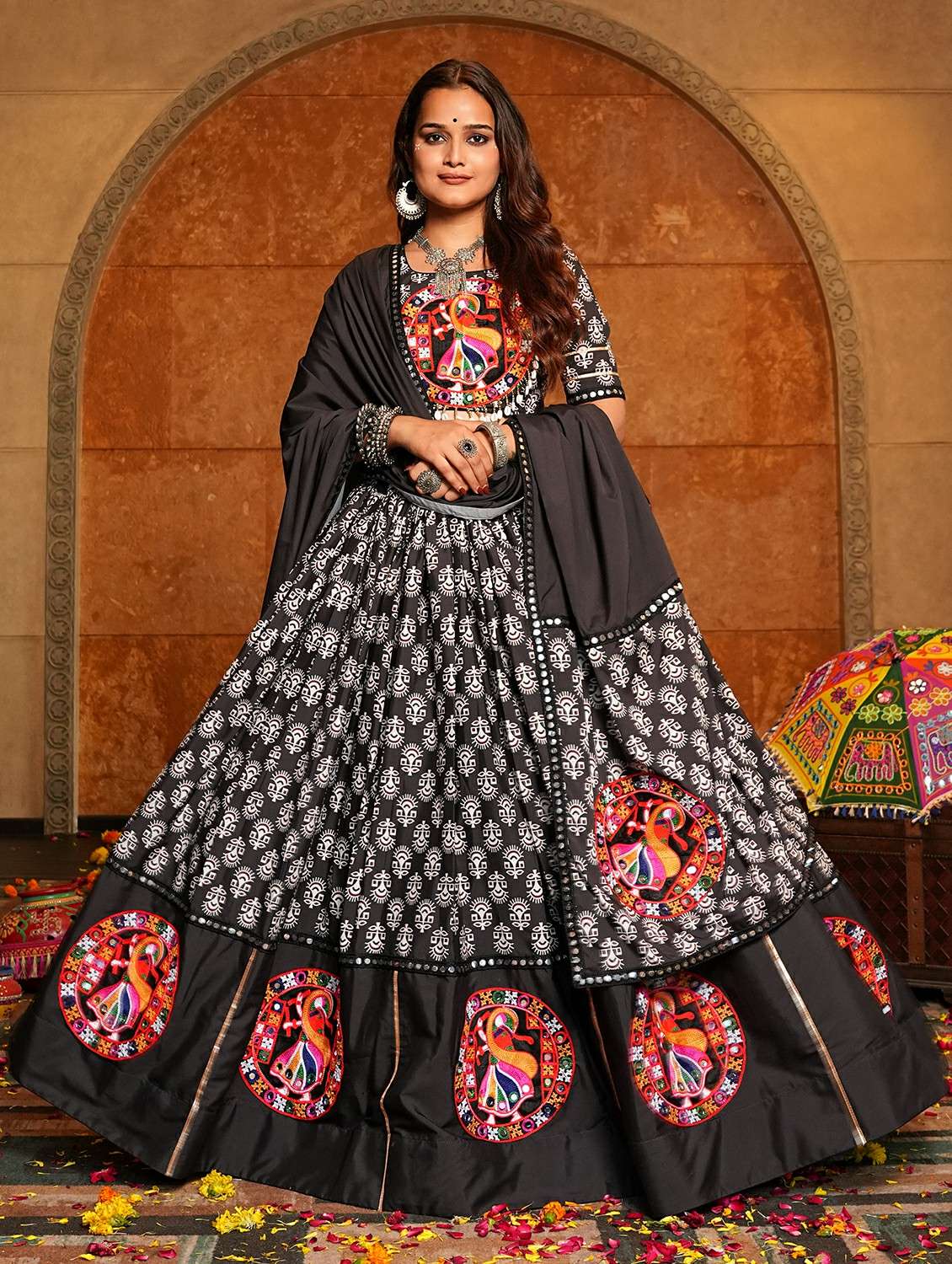 women printed flared semi-stitched lehenga