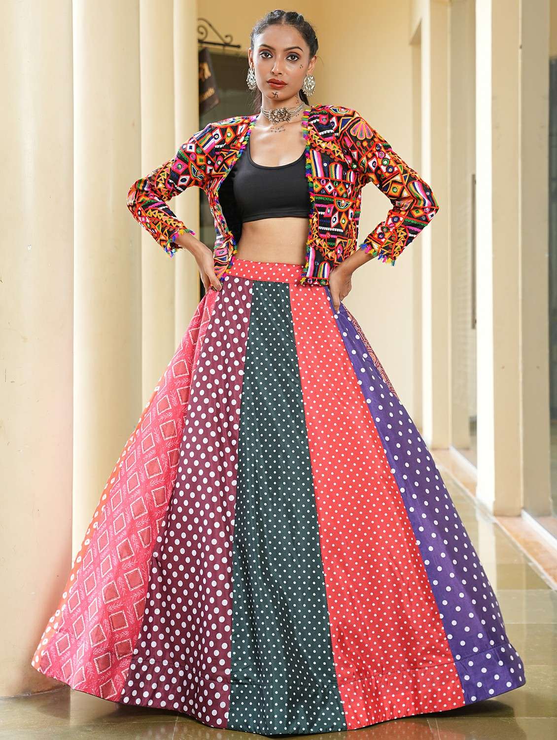 women printed flared semi-stitched lehenga