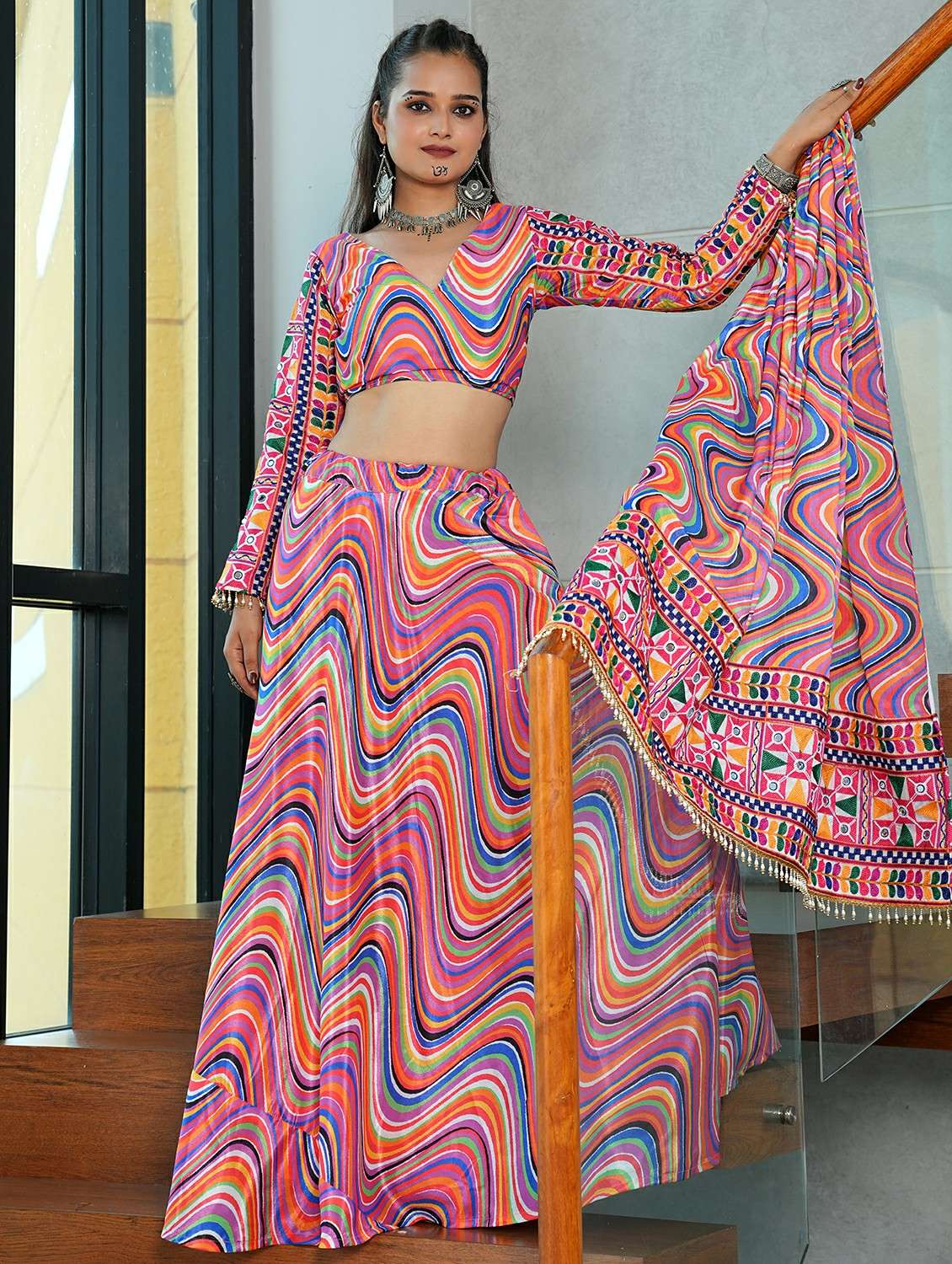 women printed flared semi-stitched lehenga