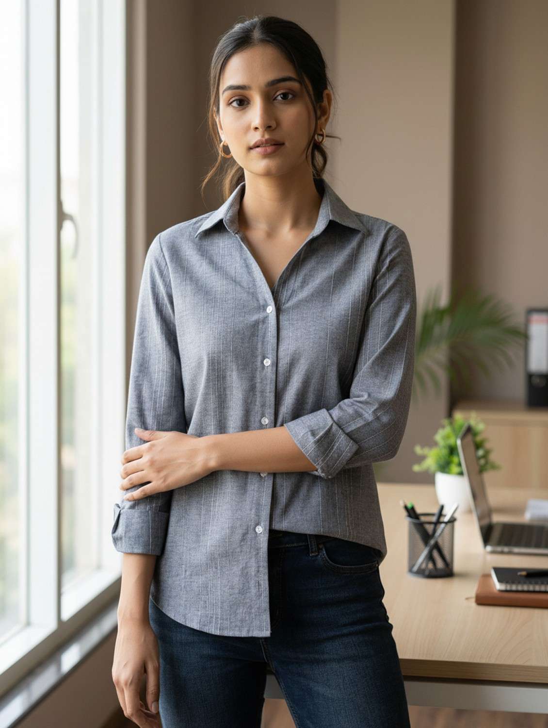 women solid collared long sleeve shirt