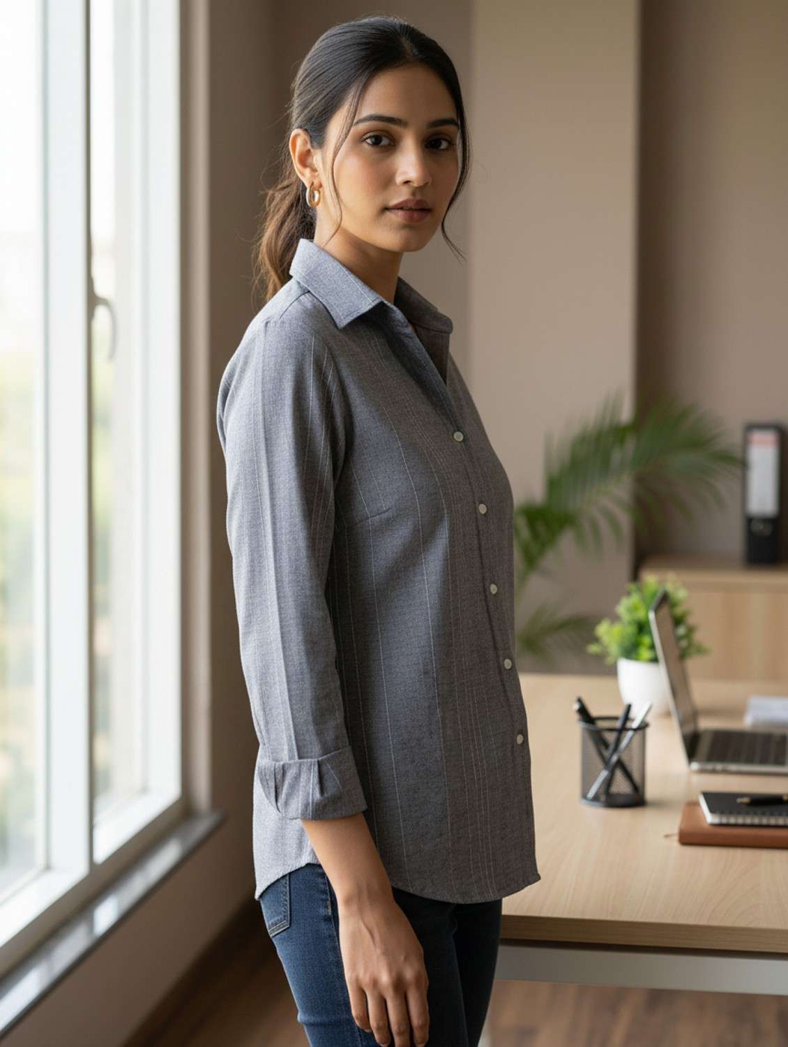 women solid collared long sleeve shirt - 22389738 -  Standard Image - 3