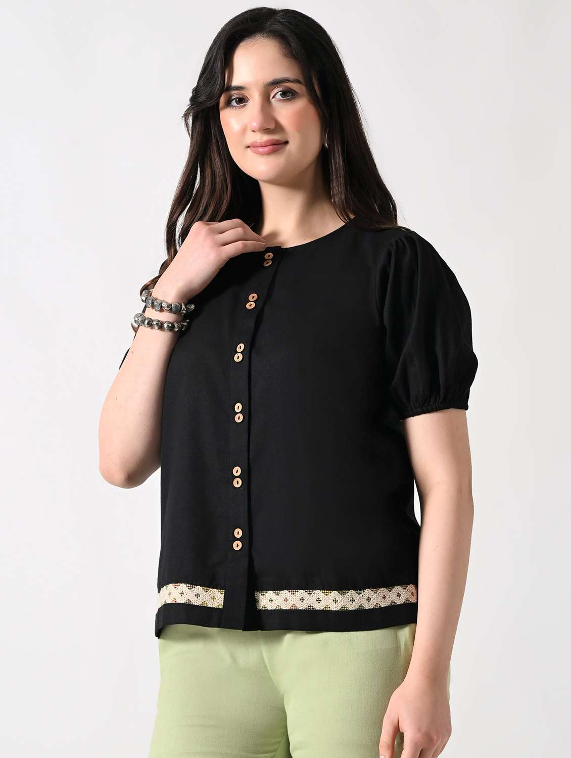 women solid puff sleeves regular top - 22389747 -  Standard Image - 3