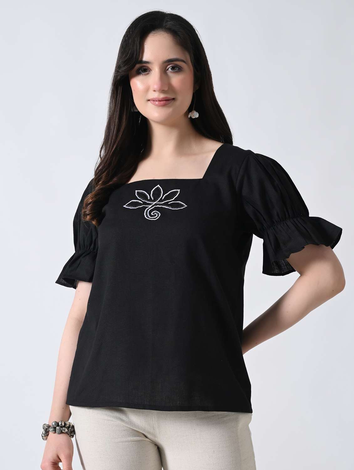 women embroidered square neck regular top