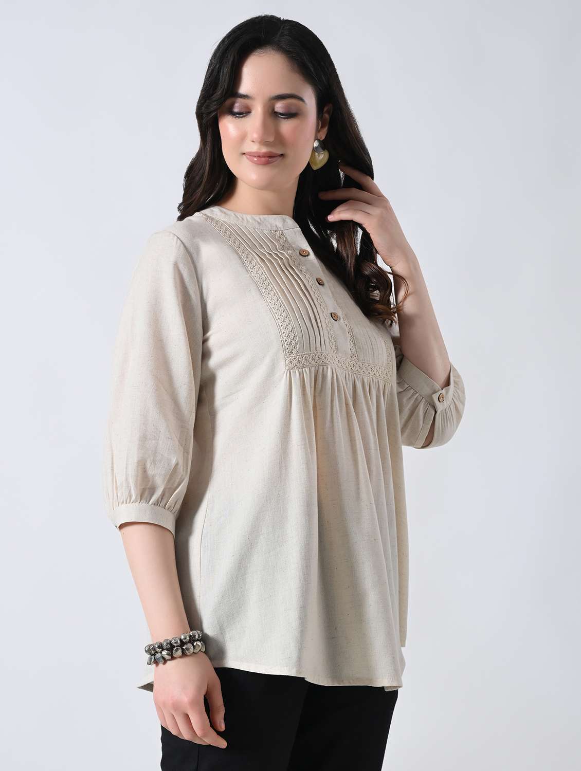 women solid mandarin neck a-line top - 22389751 -  Standard Image - 3