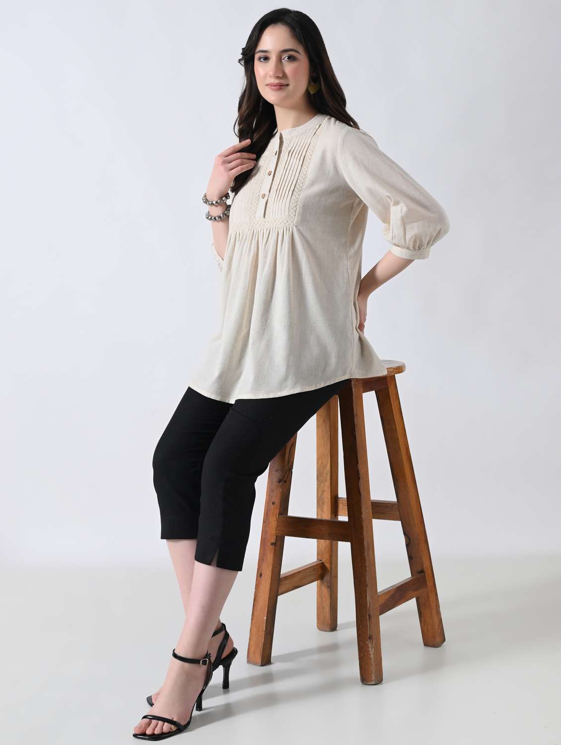women solid mandarin neck a-line top - 22389751 -  Standard Image - 5